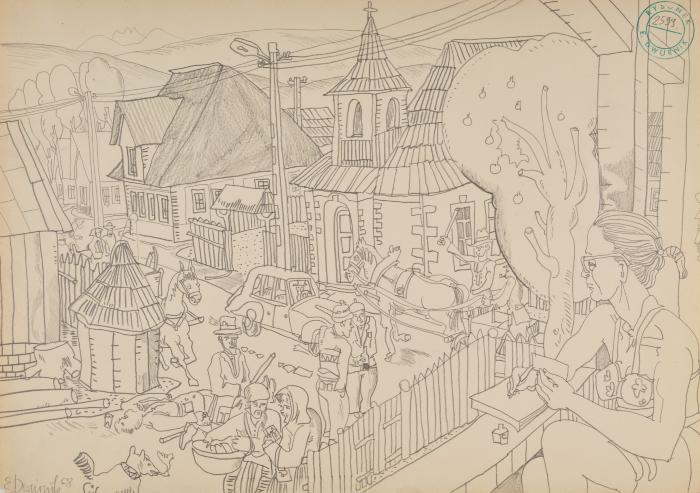View of the road and wife drawing on the porch II