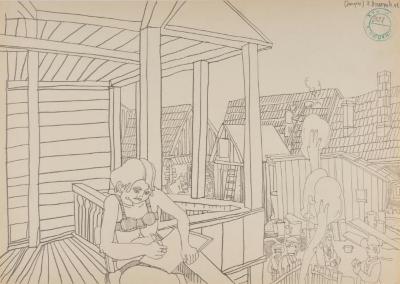 Wife Teresa drawing on the porch