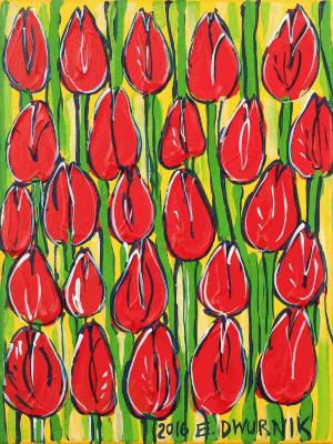 Red tulips on a yellow background
