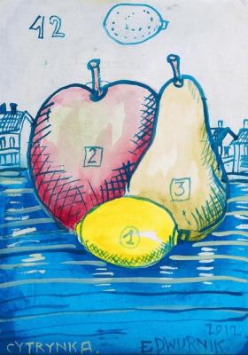Watercolor with lemon, apple, pear