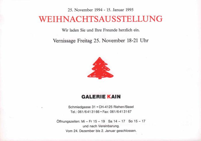 Weinachtausstellung. Galerie Kain. Riehen/Basel. Invitation card